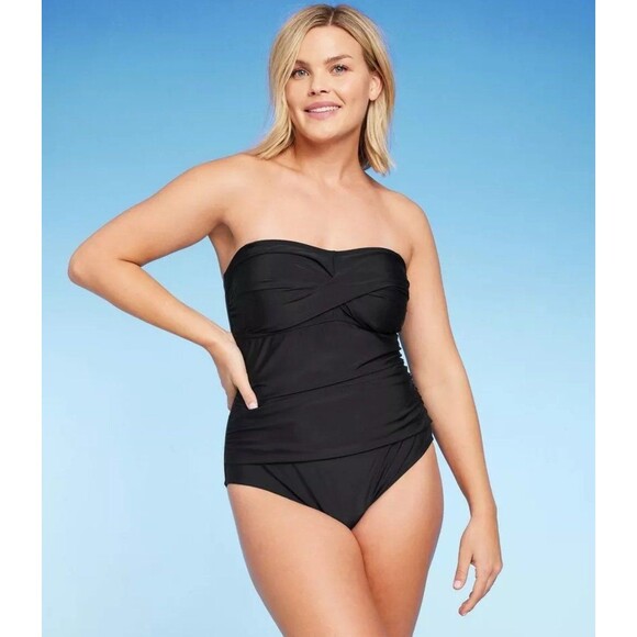 NWT Kona Sol Black Twist Front Bandeau Tummy Control Swimsuit - Picture 1 of 3